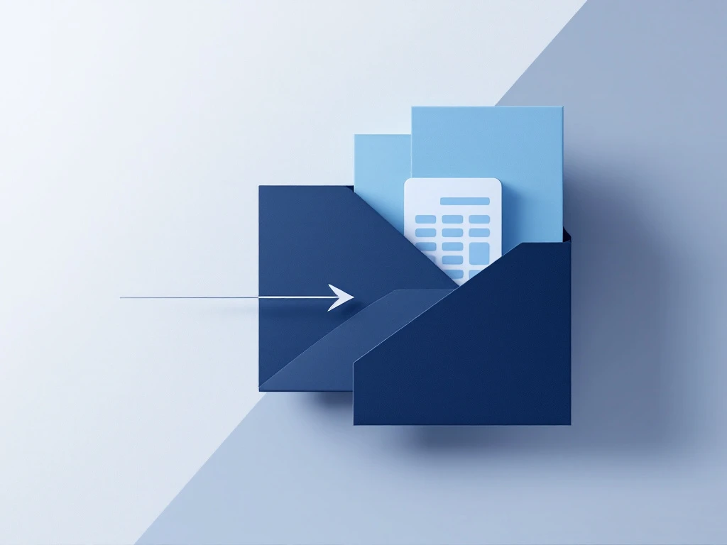 Two overlapping blue documents transitioning left to right with calculator icon, symbolizing shift to outsourced financial services.