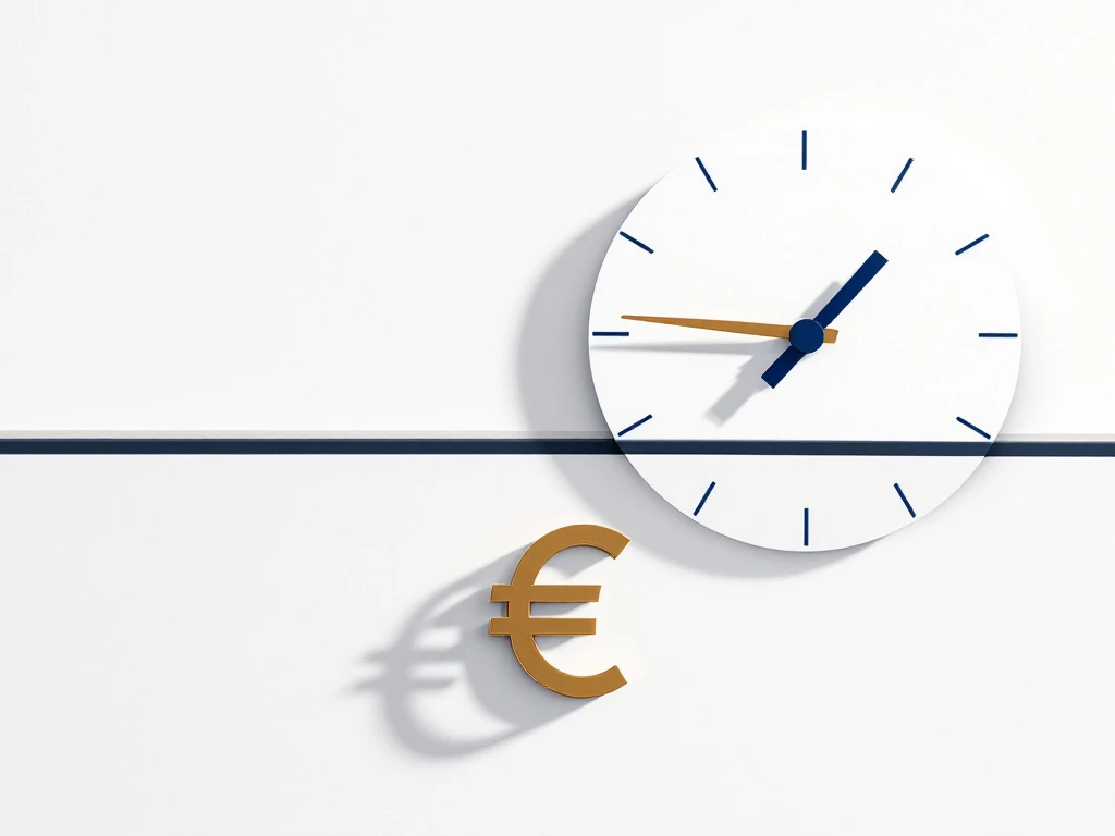 Stylized clock showing overtime hours with euro symbol representing Finnish compensation regulations in navy blue and gold.