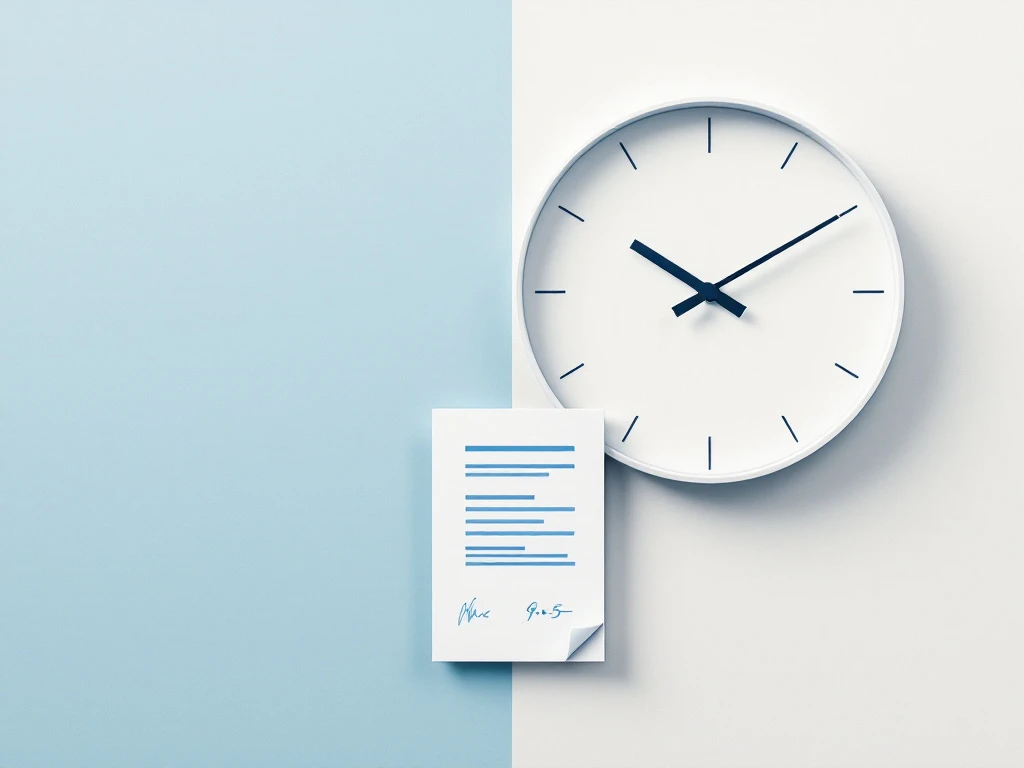 Minimalist clock face showing 9-to-5 hours with document and Finnish flag colors, symbolizing work regulations in Finland's professional environment.