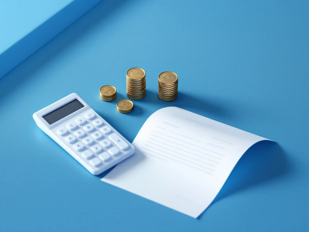 White calculator and stacked euro coins beside payroll document on Finnish blue surface, representing payroll service costs.