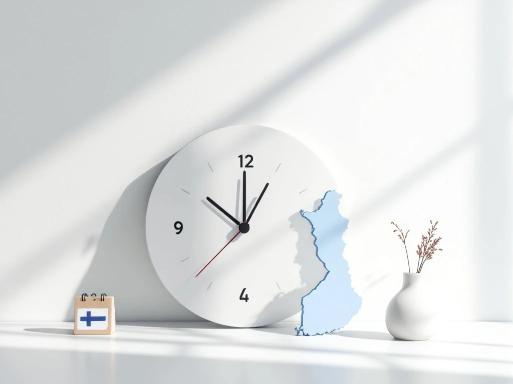 Stylized clock showing 8-4 Finnish work hours with blue Finland outline, calendar and flag icons in minimal Nordic design