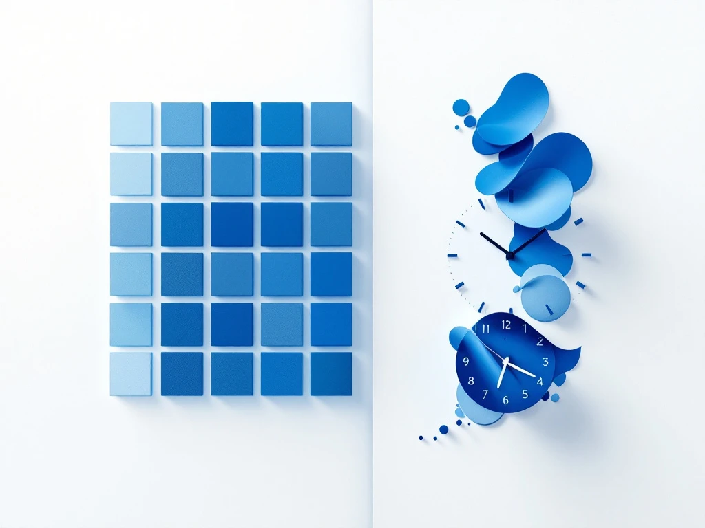 Split-screen illustration contrasting structured 9-5 and flexible work schedules in Finland using minimalist blue geometric designs.