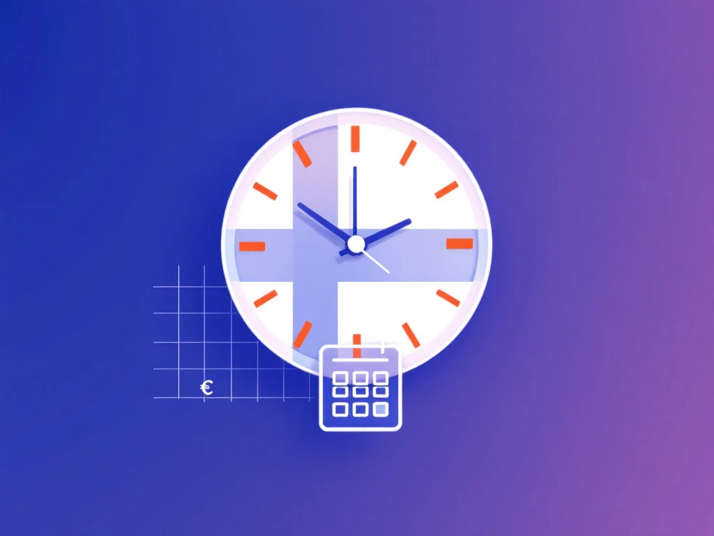 Stylized clock face showing extended work hours highlighted in orange against Finnish blue background, with calculator icon and Euro symbol.