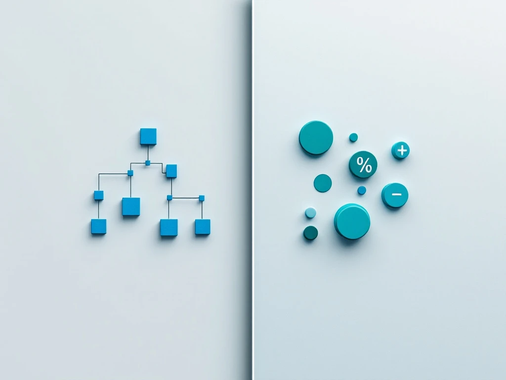 Minimalistinen palkanlaskennan visualisointi: vasemmalla sininen organisaatiohierarkia ruudukoilla, oikealla teal-väriset ympyrät matemaattisilla symboleilla.