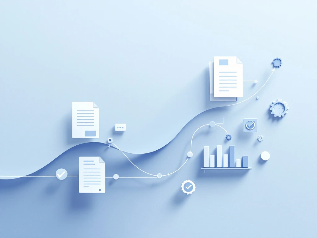 Minimalist flow diagram showing paper documents transforming into digital elements through an automation funnel, representing streamlined payroll processing.