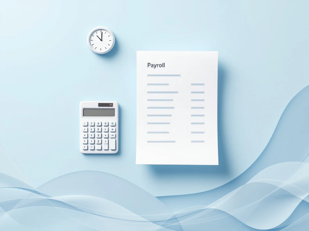 Minimalist workspace with calculator and payroll document on light blue background with clock icon and flowing geometric shapes.