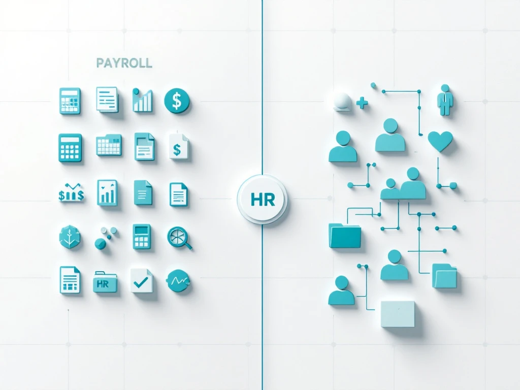Minimalist split-screen comparing payroll (calculator icons, spreadsheets) and HR services (silhouettes, folders) with connecting bridge.