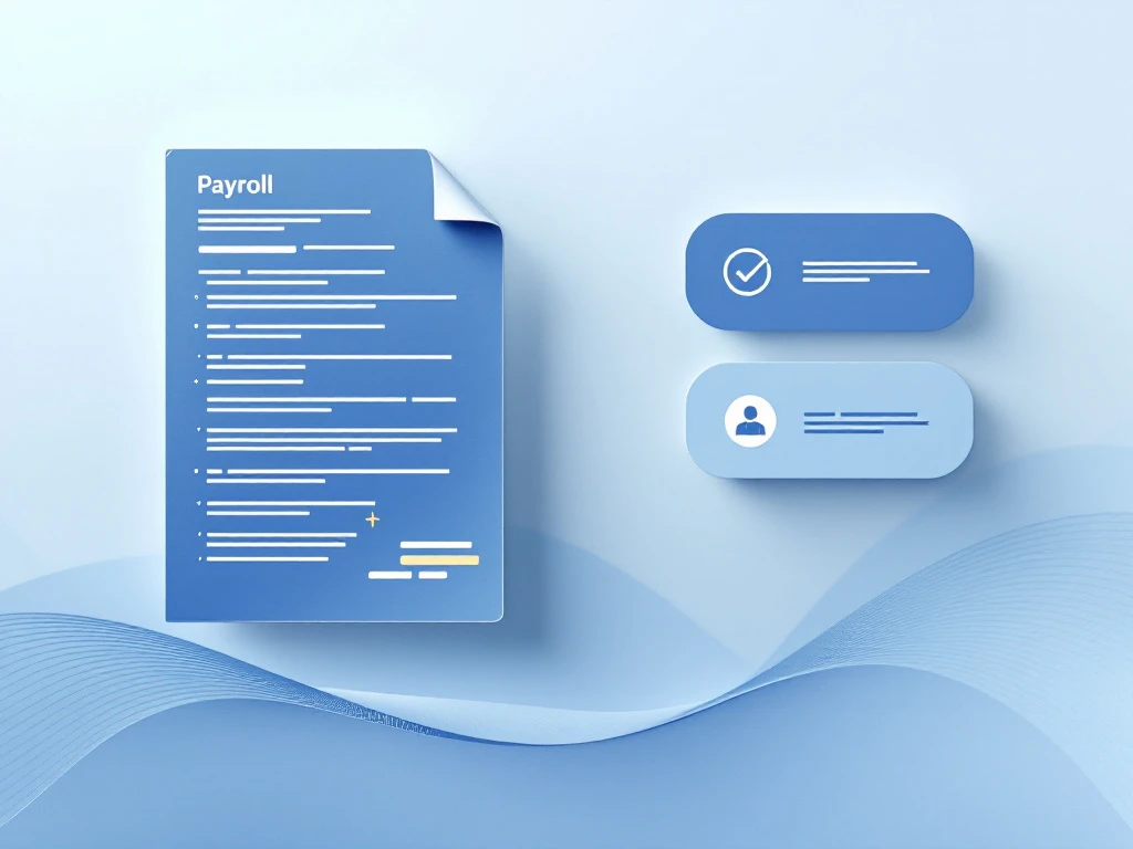 Minimalist payroll document with three service provider icons in blue and gray. Abstract design features organizational grid pattern and gold optimization accent on gradient background.
