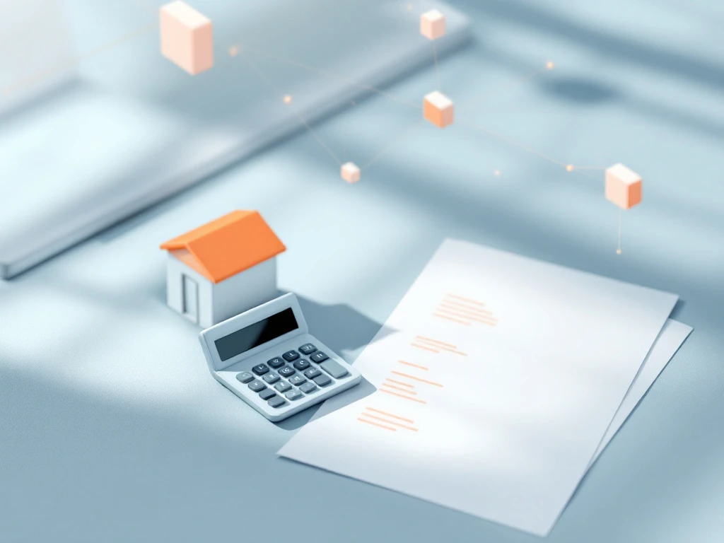 Minimalist workspace with calculator and payroll document, featuring a small business storefront, connected geometric shapes representing automated payroll processing