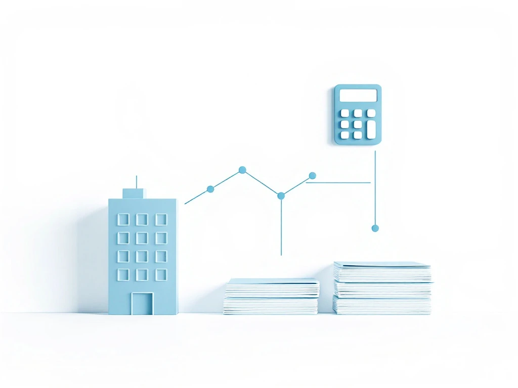 Minimalist illustration of a small business connected to a calculator icon, with organized document stacks below, representing payroll outsourcing services.
